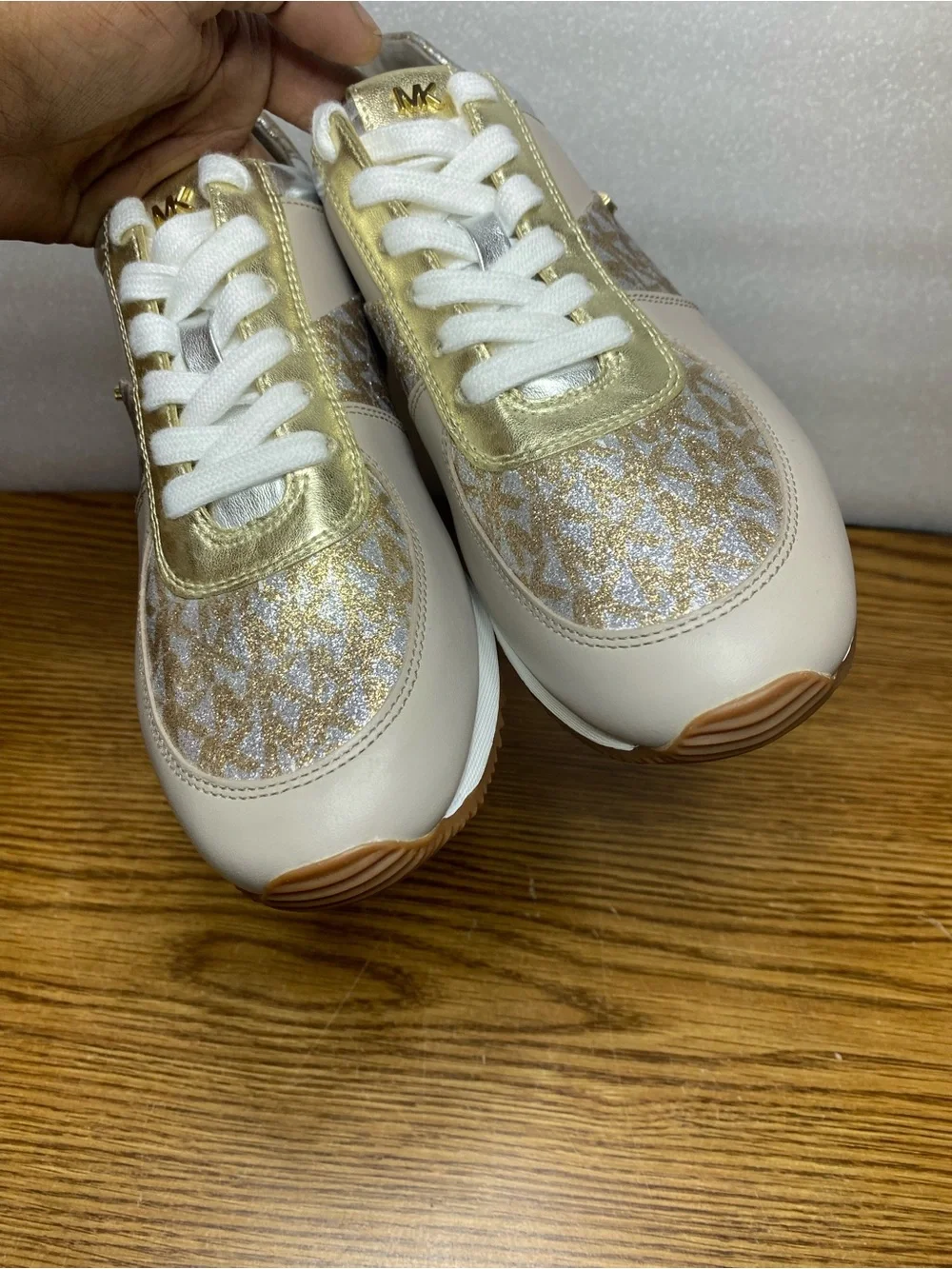 Michael Kors Allie Wrap Trainer Sneakers leather Metallic silver gold Womens 8.5